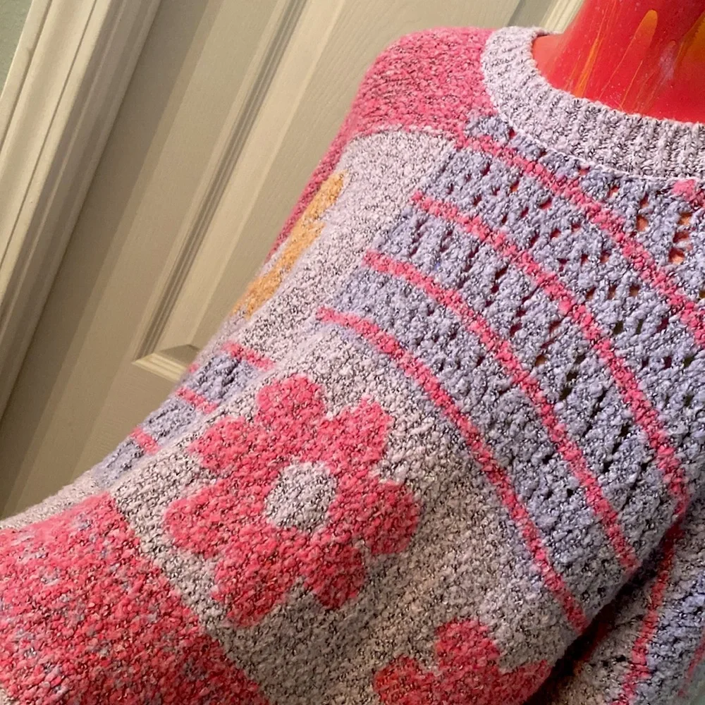 Moon & Madison Artistic Floral Kawaii Cute Purple, Pink, & Orange Sweater - Picture 12 of 14